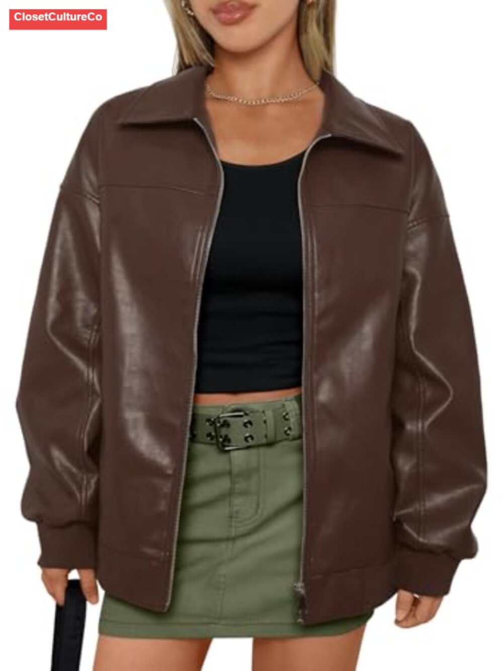 Oversized Faux Leather Bomber Jacket Zip Up Moto Coat